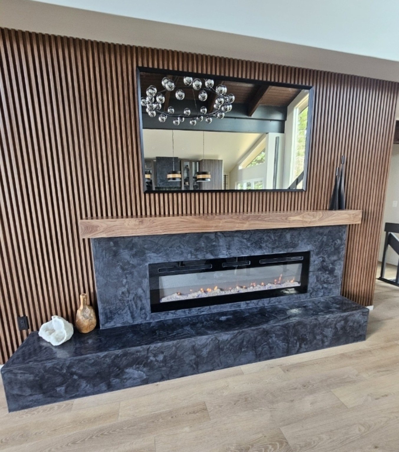 Custom white oak fireplace mantel